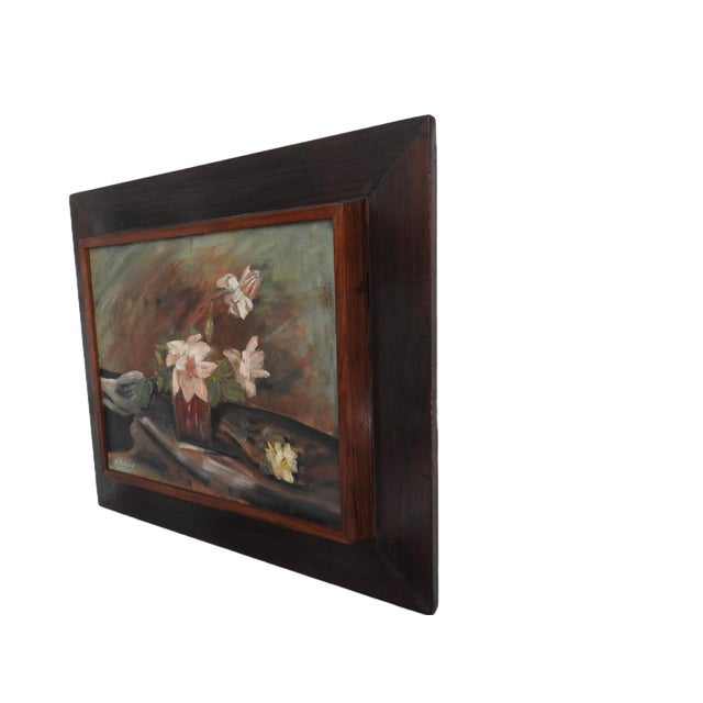 1930s 1930s California Impressionist/Tonalist Still Life Oil Painting by Julia Rideout – Framed Moody Floral on Canvas Board For Sale - Image 5 of 12