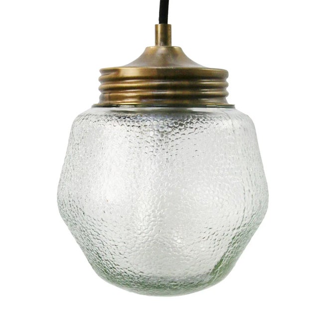 Vintage Industrial Frosted Glass & Brass Pendant Lamp For Sale - Image 4 of 7