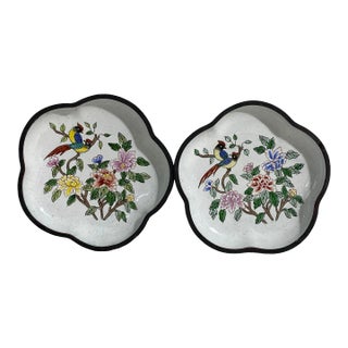 Old Chinoiserie Enamel Small Decorative Plates S/2 For Sale