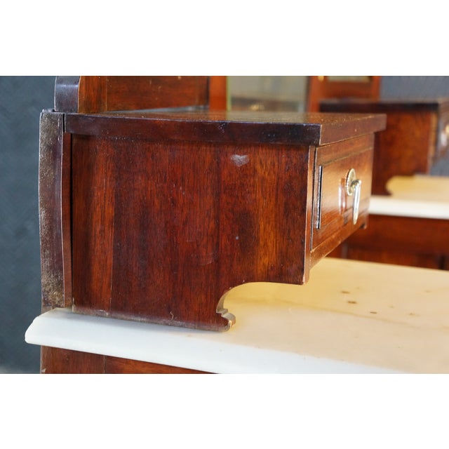 Antique Edwardian Mahogany Marble Top Drop Center Dressing Table Vanity 46" For Sale - Image 16 of 17