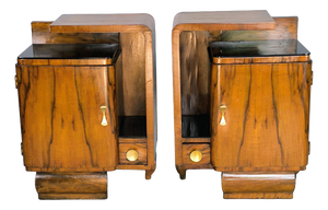 Art Deco Walnut Bedside Tables with Black Glass Tops, 1940s, Set of 2