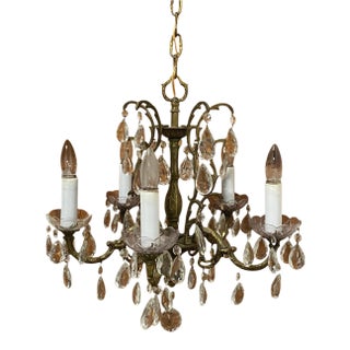 Antique Spanish Metal & Crystal 5-Light Chandelier For Sale