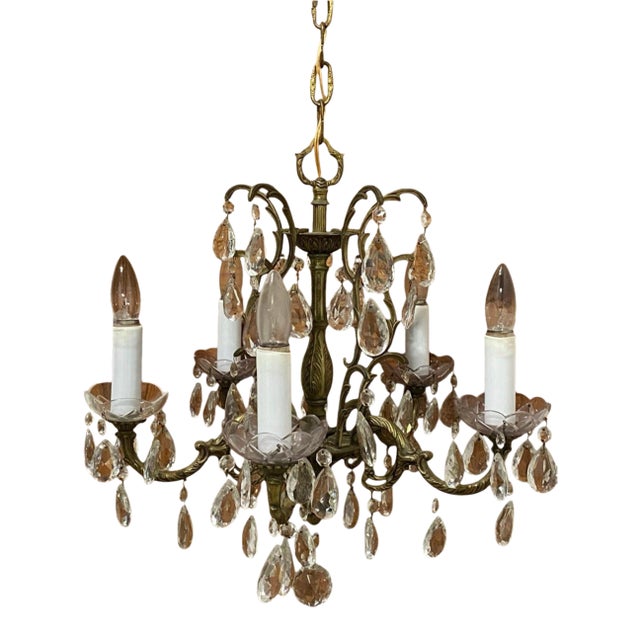 Antique Spanish Metal & Crystal 5-Light Chandelier For Sale