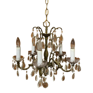 Antique Spanish Metal & Crystal 5-Light Chandelier