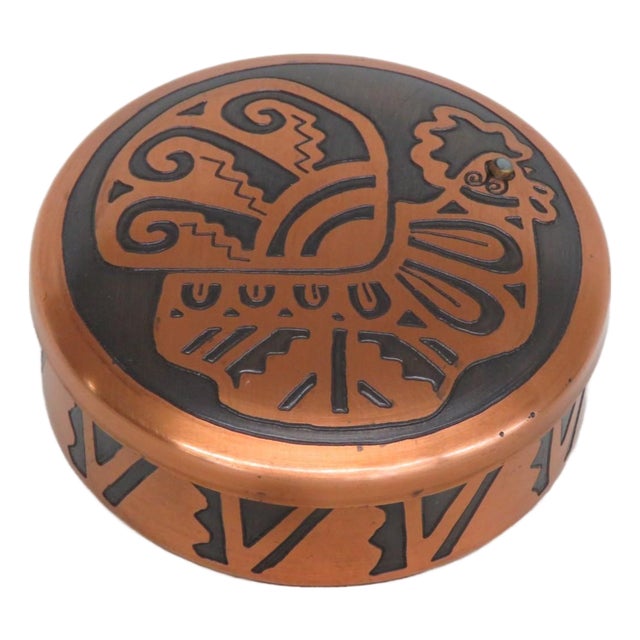 Leiva Chile Handcrafted Circular Copper Trinket Box Etched Rooster Motif 4855b For Sale