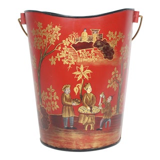 20th Century Chinoiserie Red & Gold Lacquered Tole Handled Bucket For Sale