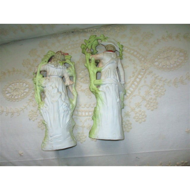 Victorian Antique Late 19th Century Victorian French Ornate Bisque Figurines Young Maiden & Gentleman Pair For Sale - Image 3 of 12