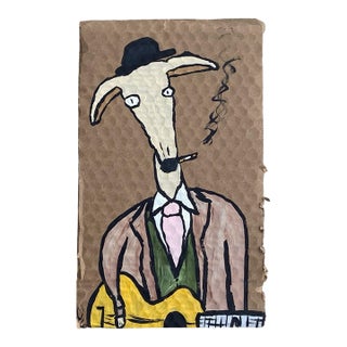 Folk Art Dog Original Painting Wearing a Suit, Playing Guitar, Smoking For Sale