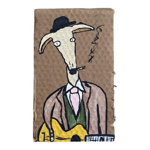 Folk Art Dog Original Painting Wearing a Suit, Playing Guitar, Smoking
