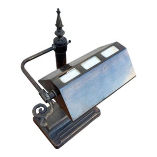 1920s Arts & Crafts Mission Bronze Wash Brass Desk Lamp W/ Clerestory Glass Insets For Sale