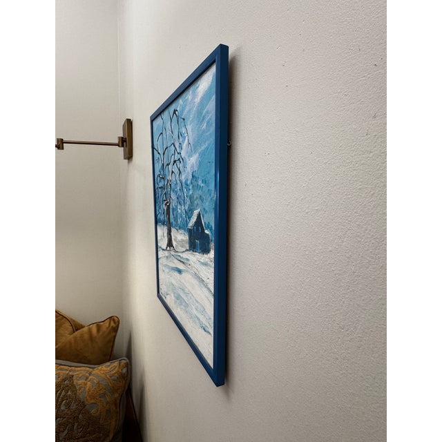 Vintage Scandinavian Modern Folk Art Winter Landscape Expressionist Original Framed Oil Painting For Sale - Image 10 of 12