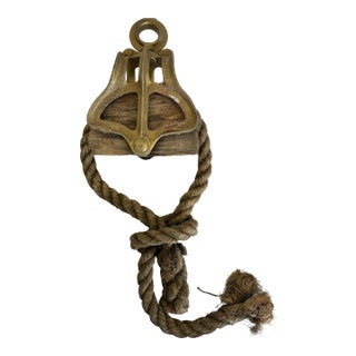 Vintage Nautical Wood & Cast Metal Pulley Block With Rope – Maritime Industrial Décor For Sale