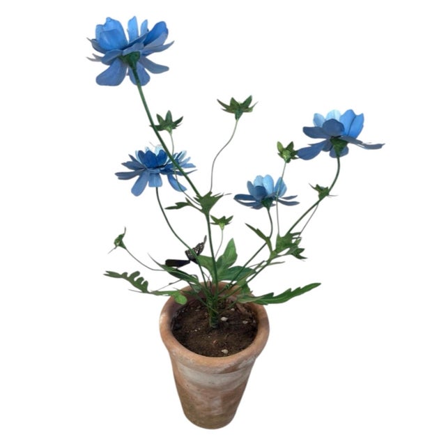 Hand-Crafted Metal Blue Botanical Arrangement in Aged Terracotta Pot For Sale In West Palm - Image 6 of 12