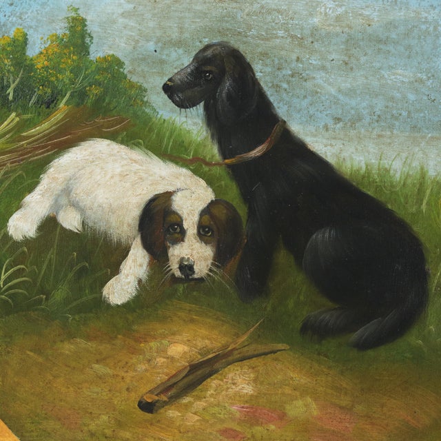 Vintage Hand Painted Folk Art Pet Portrait Circular Oil Painting on Canvas With Black and White Dogs in Landscape For Sale - Image 4 of 8
