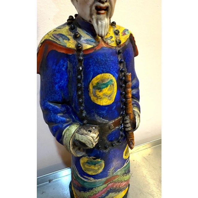 Blue Mid-20th Century Chinese Hand-Painted Royal Man Figurine For Sale - Image 8 of 9
