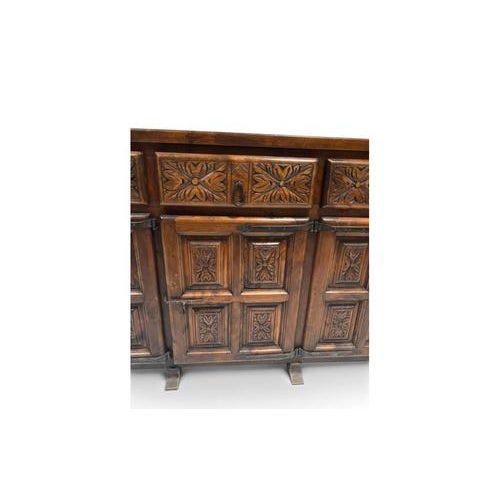 Large Spanish Rustic Carved Wood Credenza For Sale - Image 4 of 13