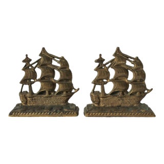 Vintage Brass Ship Bookends - a Pair For Sale