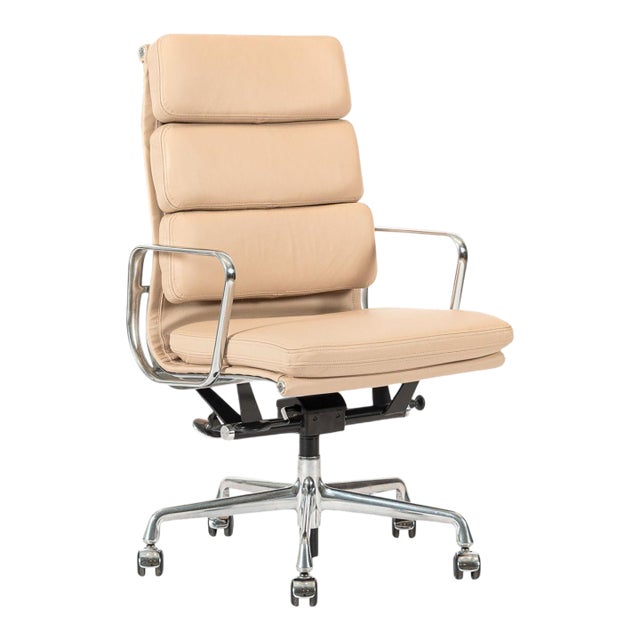 Eames Herman Miller Tall Cream Leather Office Chair Aluminum Group For Sale