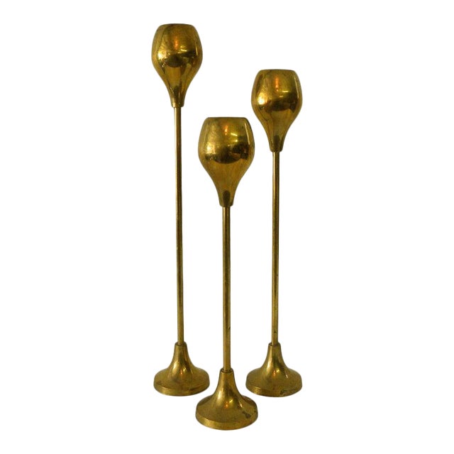 1950s Brass Candlesticks - Set of 3 For Sale