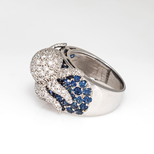 Mid 20th Century Mid 20th Century Octopus Ring Diamond Sapphire 18k White Gold Sz 7.5 Band Estate Ocean Jewelry For Sale - Image 5 of 6