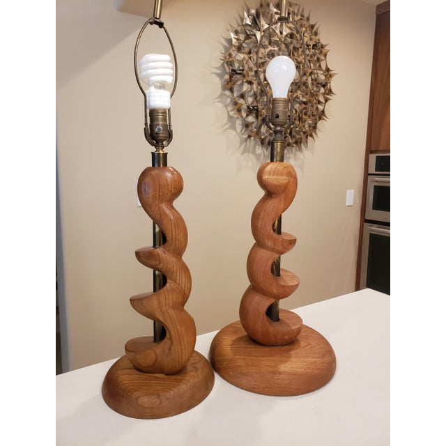 Chestnut Mid-Century Organic Sculpture Form Wood Lamps - a Pair For Sale - Image 8 of 8