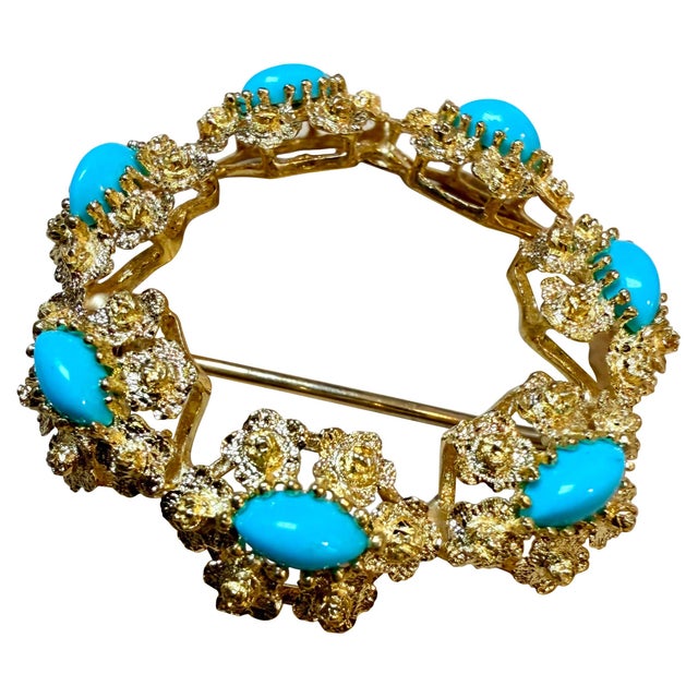 Modern 3 Carat Sleeping Beauty Turquoise Circular Pin in 18 Kt Yellow Gold , Estate For Sale - Image 3 of 8