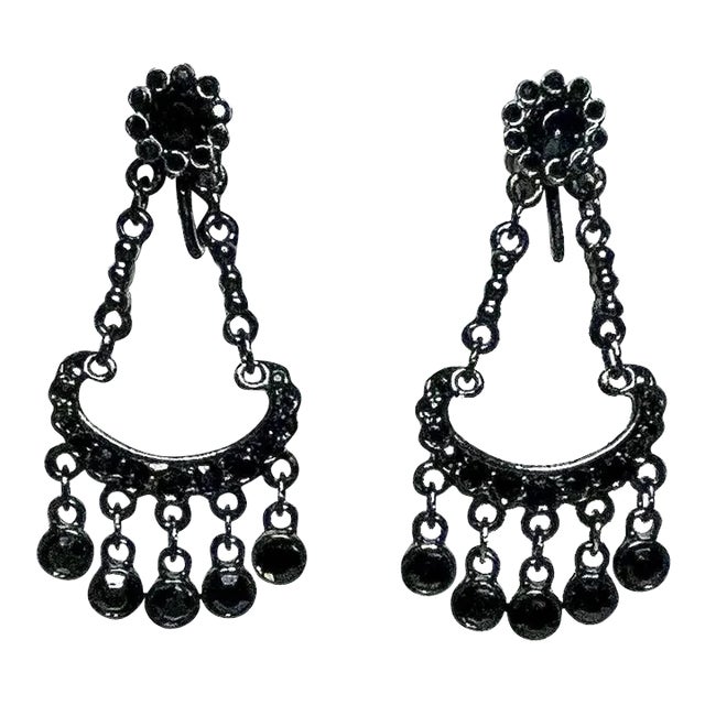 Vintage Kenneth Lane Black Crystal Hinge-Back Clip-On Dangle Earrings - 2 Pieces For Sale
