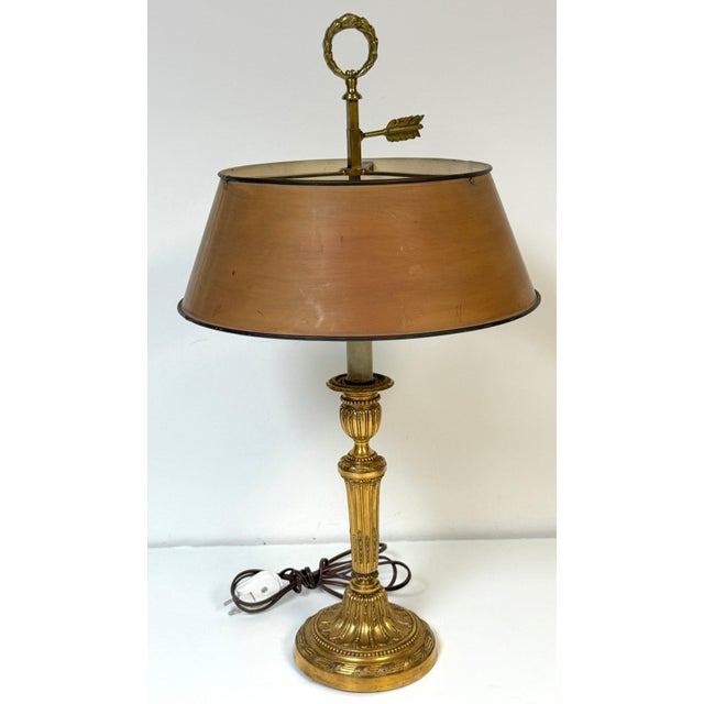 19th Century Louis XVI Style Ormolu Bouillotte Lamp, Ochre Tole Shade For Sale - Image 4 of 18