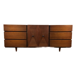 Mid 20th Century Modern American of Martinsville Walnut "Diamond" Triple Lowboy Dresser For Sale
