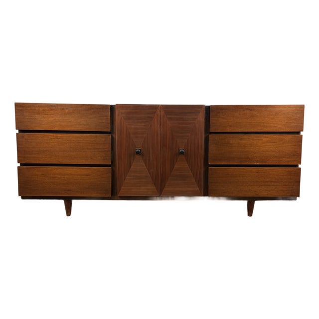 Mid 20th Century Modern American of Martinsville Walnut "Diamond" Triple Lowboy Dresser For Sale