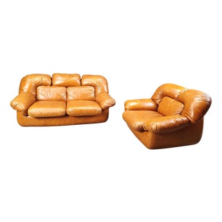 Mid-Century Italian Leather Sofa Set by Ercole Biella for Grappeggia, 1970s, Set of 2 For Sale