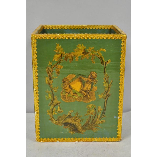 Hollywood Regency Vintage Italian Venetian Decoupage Green Gold Papier Mache Wastebasket Trash Can For Sale - Image 3 of 18