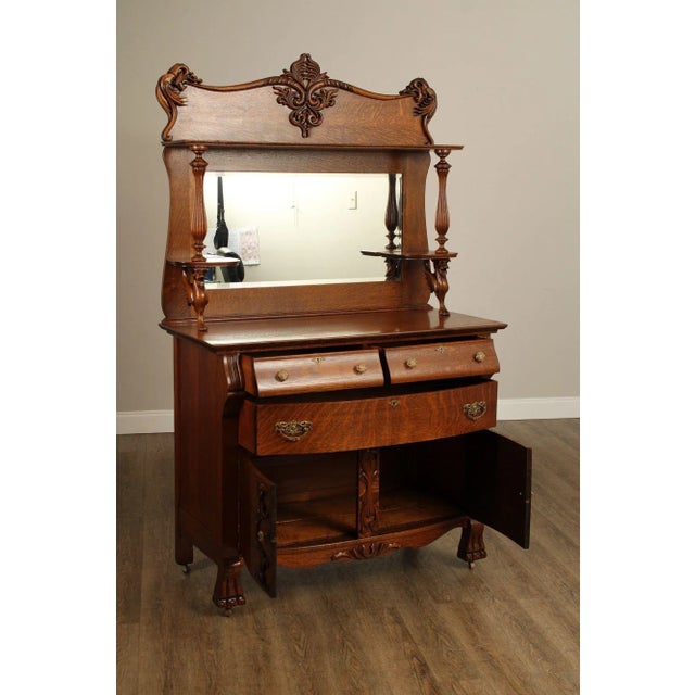 Victorian Antique Victorian Renaissance Revival Mirrored Oak Sideboard For Sale - Image 3 of 12