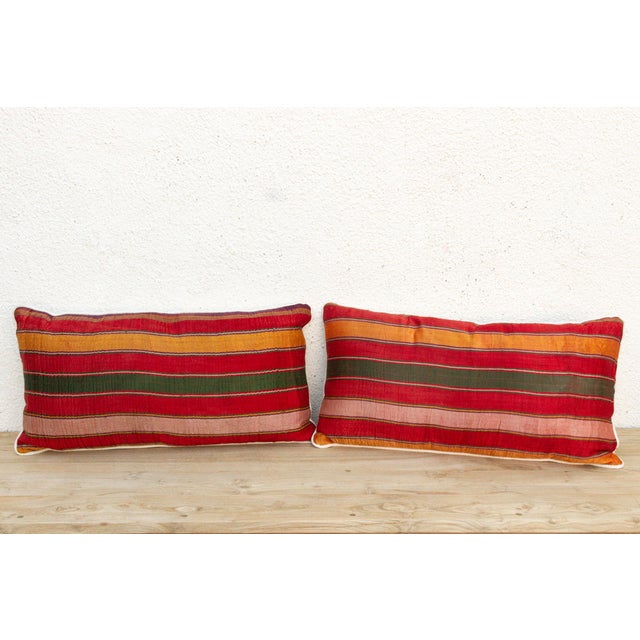 1970s Pair of Bhuj Striped Mashru Lumbar Pillows For Sale - Image 5 of 9