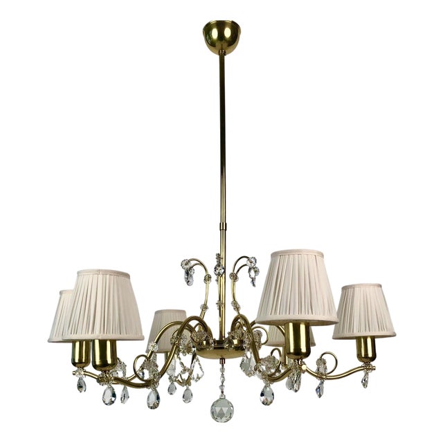 Brass 6-Arm Chandelier with Cream Silk Shades, Austria, 1940s For Sale