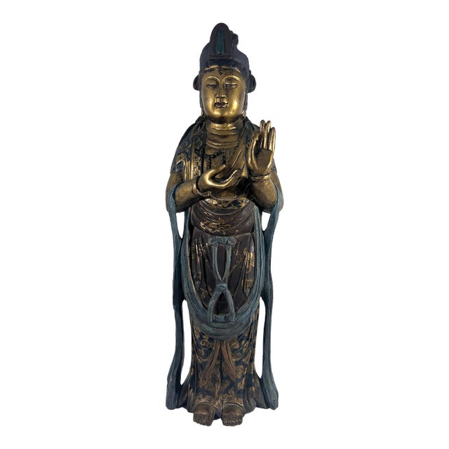 Antique Lacquer & Polychrome Carved Wood Figure of Guan Yin, Chinese Goddess of Compassion & Mercy Circa 1890 For Sale