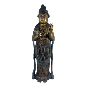 Late Qing Dynasty Lacquer & Polychrome Carved Wood Figure of Guan Yin, Chinese Goddess of Compassion & Mercy Circa 1890