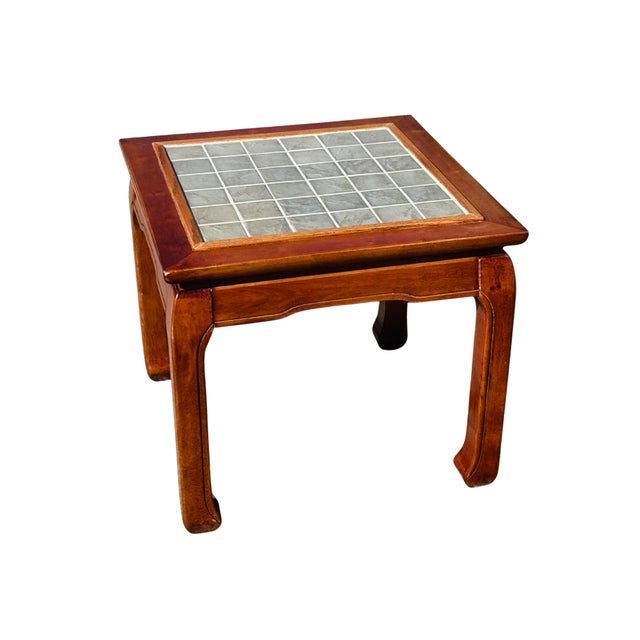 Mid 20th Century Vintage Ming Style Elmwood Square Coffee Table With Tile Inlay Top – Asian Chinoiserie Hardwood Accent Table With Horse Hoof Legs For Sale - Image 5 of 8