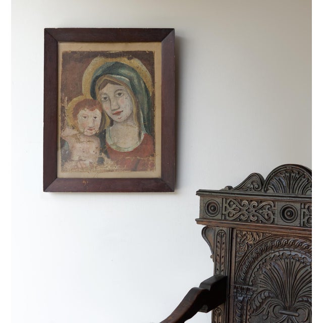 Wood Early Naive School Madonna and Child, Original Antique Oil Painting, 18th Century, Framed For Sale - Image 7 of 8