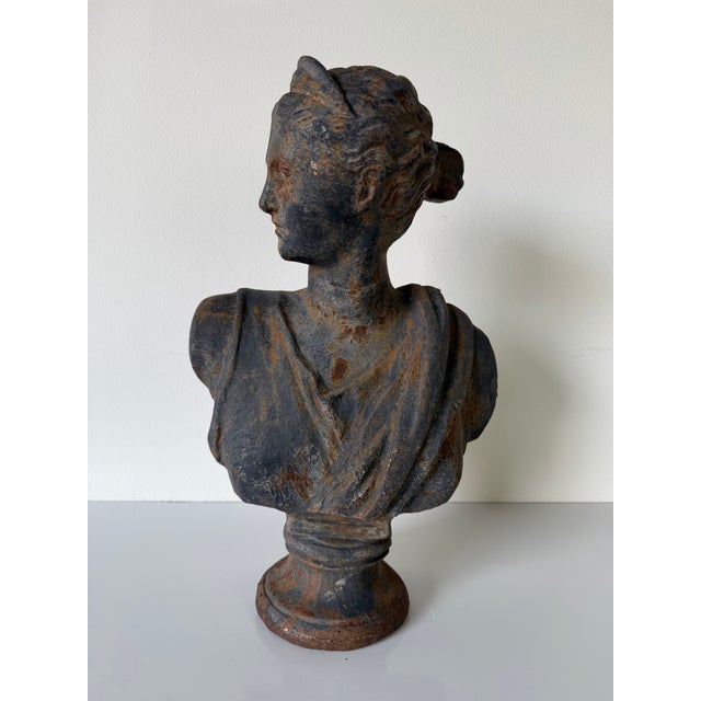 Hollywood Regency Antique Cast Iron Roman Goddess Diana Diana Bust Sculpture For Sale - Image 3 of 11