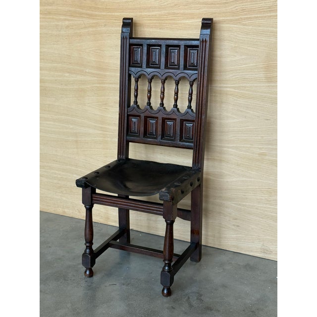 19th Set of Six Spanish Carved Chairs with Leather Seat and Back For Sale - Image 18 of 18