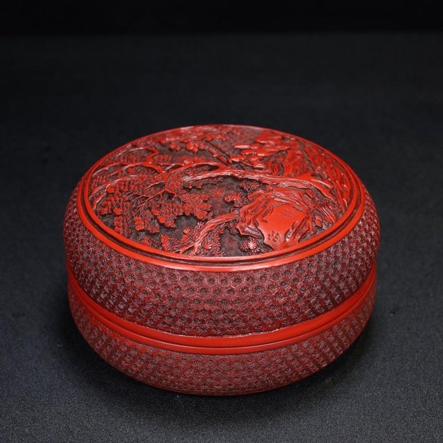 Late 20th Century Carved Cinnabar Lacquer Box With Landscape and Scholar Scene For Sale In Los Angeles - Image 6 of 9