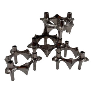 Mid-Century Modern Brutalist Chrome Taper Candleholders by Nagel Stoff for BMF, 1950s, Set of 4 For Sale