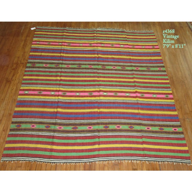 A 20th century colorful striped Turkish Kilim . Professionally cleaned and able to endure heavy traffic if necessary.