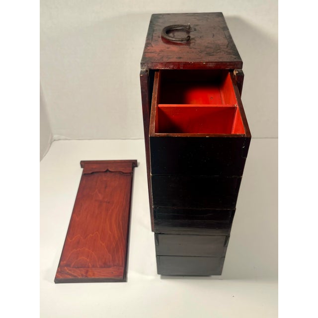 Red Antique Meiji Period Japanese Red Lacquer Slide Lidded 5 Tiers Storage Box For Sale - Image 8 of 12