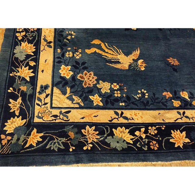 Blue Floral Bird Chinese Peking Knotted Room Size Blue Wool Antique 1920s Rug For Sale In New York - Image 6 of 9