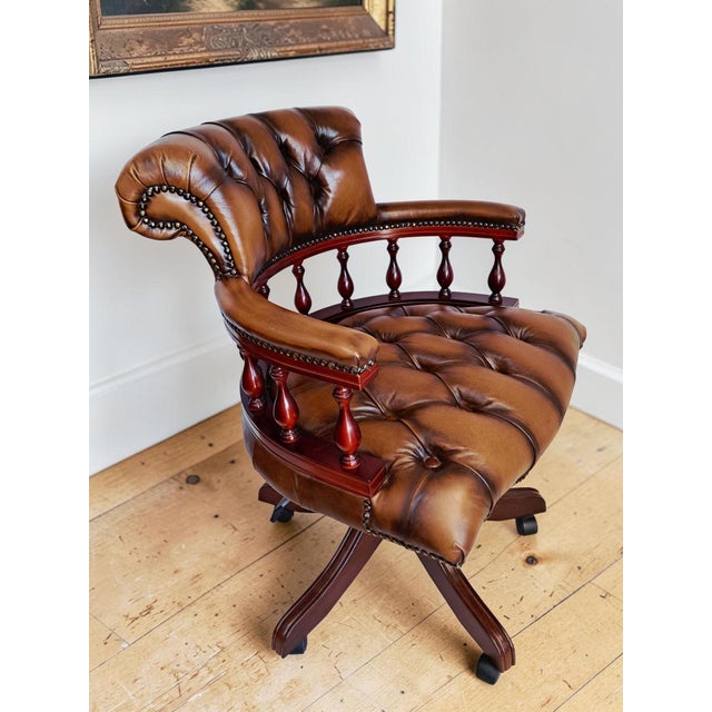 1990s Antique Style Chesterfield Swivel and Tilt Captain's Chair in Brown Buttoned Leather, 1990s For Sale - Image 5 of 18