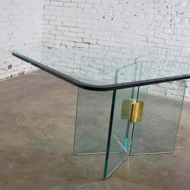 All Glass Dining Table With Brass Plated Connector Attributed to the Pace Collection For Sale - Image 6 of 13