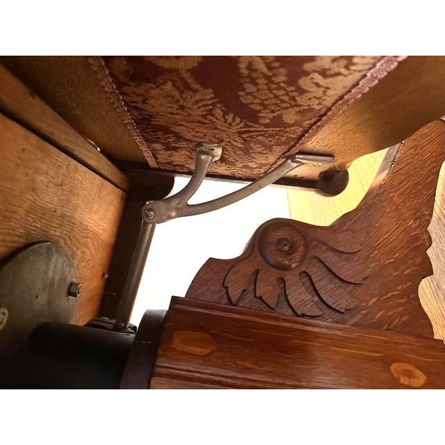 Antique Koken Barbers’ Chair, Upholstered, Hydraulic Pump, Headrest, Footrest, Oak For Sale In Chicago - Image 6 of 10