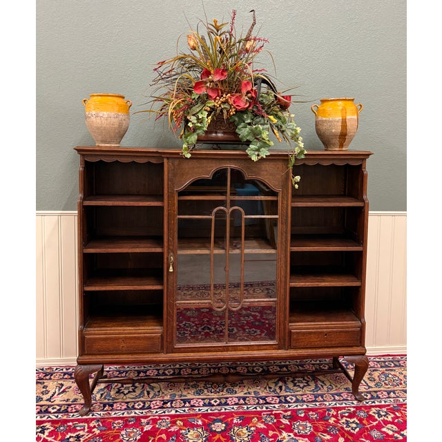 BEAUTIFUL Antique English Oak Bookcase or Display Cabinet with Center Glass Door and 2 Lower Drawers~~c. 1930s PERFECT for...